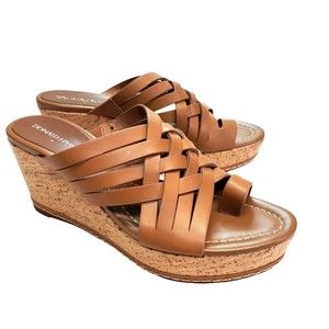 Donald Pliner Womens Woven Cork Wedge Sandals Size 6.5 Flore Tan Toe Strap